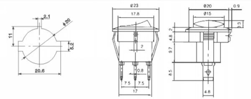 Wippschalter RUND mit rot beleuchteter Wippe 230V AC max 6A EIN / AUS