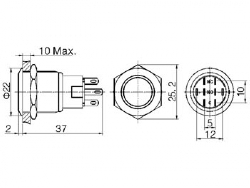 Drucktaster Vollmetal Taster 1x Wechslerkontakt max 250V 5A