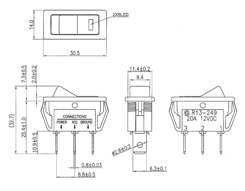 Wippenschalter schwarz inkl roter Kontrolleuchte OFF - ON für 12V DC max 20A