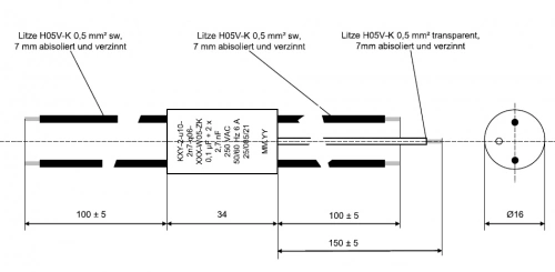 Funk Entstörkondensator X1 100nF Y2 2x2,7nF Kondensator mit Litze und Erdung