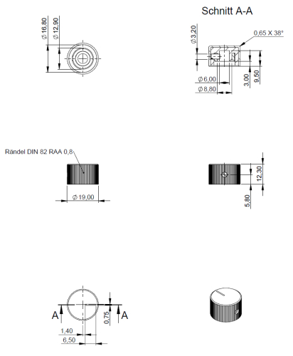 Drehknopf 19x12mm Aluminium/Kunststoff mit 6mm Achsaufnahme