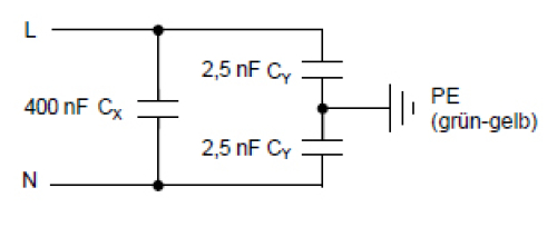 Kondensator Funk-Entstörkondensator X2 Y2 Entstörglied 0,4uF (400nF) & 2x 0,0025uF (2,5nF) max 250V AC 6A