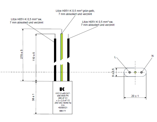 Kondensator Funk-Entstörkondensator X2 Y2 Entstörglied 0,4uF (400nF) & 2x 0,0025uF (2,5nF) max 250V AC 6A