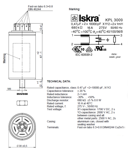 Entstörkondensator Entstörfilter Kondensator Iskra 10203-06 X1 0,47uF Y2 10nF 680k Ohm