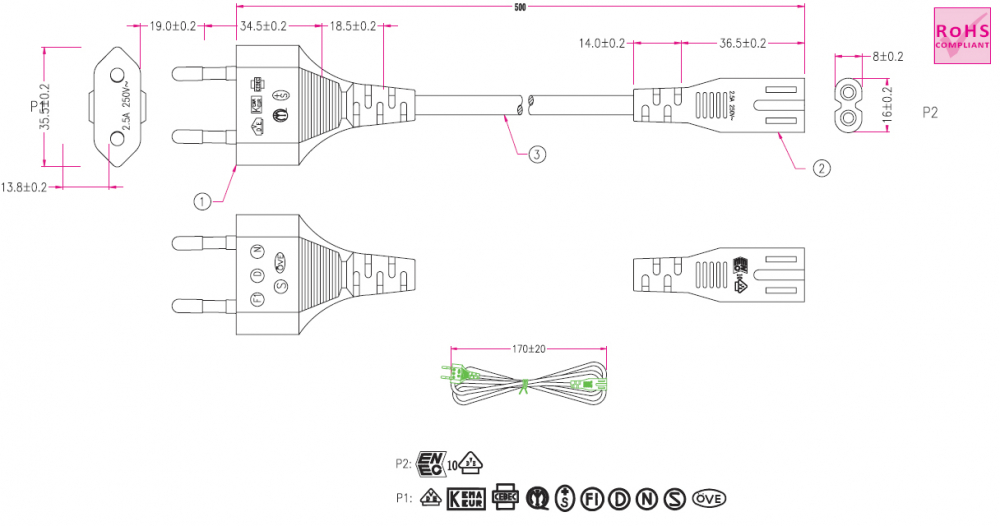 Netzanschlusskabel Netzkabel 0,5m 50cm Eurostecker auf 8-Form