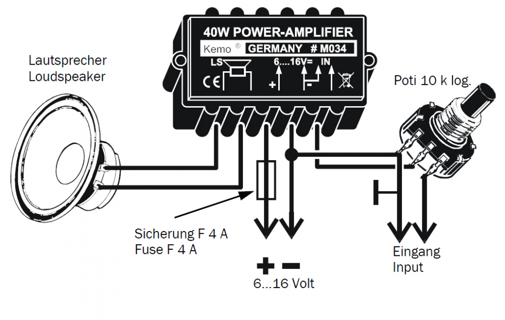40Watt universal mono Verstärkermodul 6V - 16V M034 Kemo