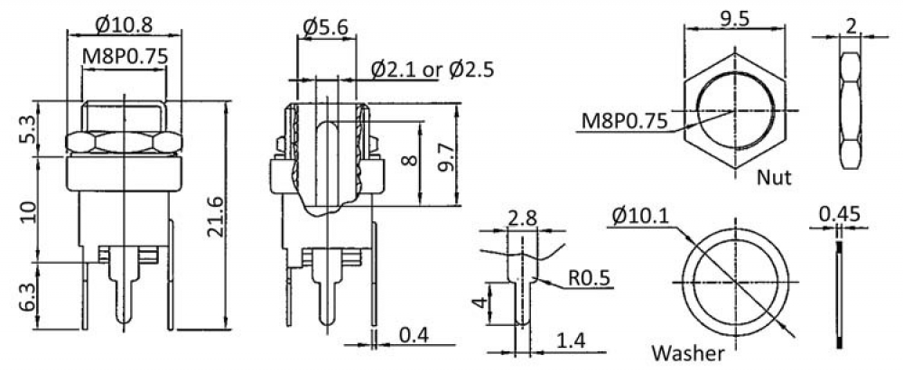 DC Einbaubuchse mit Schaltkontakt 5,5 x 2,5mm