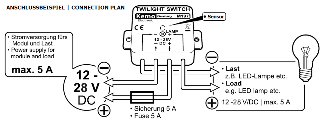 Dämmerungsschalter Lichtsensor 12V - 28V DC max 5A M197 Kemo