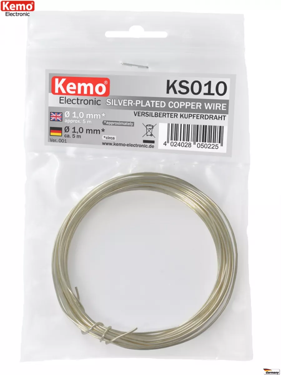 Kemo-Electronic KS010 (1,00 EUR pro 1m) Versilberter Kupferdraht 1,0mm 5m Kemo KS010 KKS010