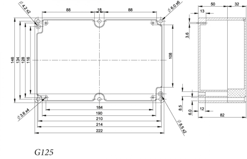 Gehäuse Alu G125 IP65 hohe Schirmdämpfung 222x146x82mm