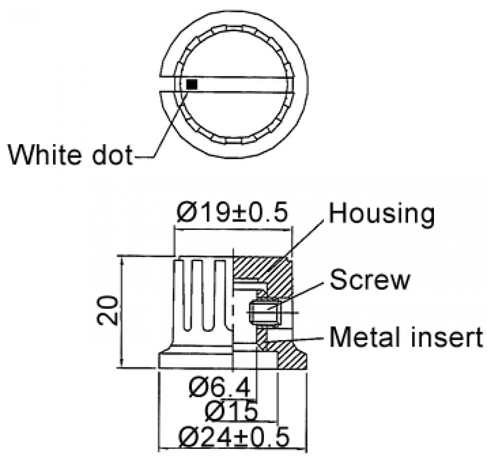 Drehknopf 24x14mm schwarz mit weißem Punkt für 6mm Aufnahme Mentor DK24