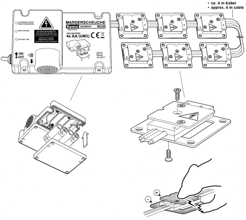 Marderabwehr KFZ Ultraschall und Hochspannung mit Plus-Minus- Kontaktplatten Kemo M229 Batteriebetrieben