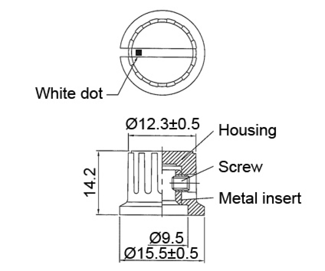 Drehknopf 16x14mm schwarz mit weißem Punkt für 6mm Aufnahme Mentor DK16