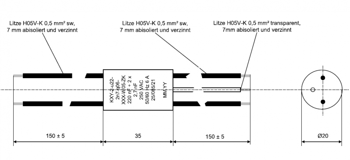 Funk Entstörkondensator Kondensator X1 220nF Y2 2x 2,7nF mit Litze und Erdung