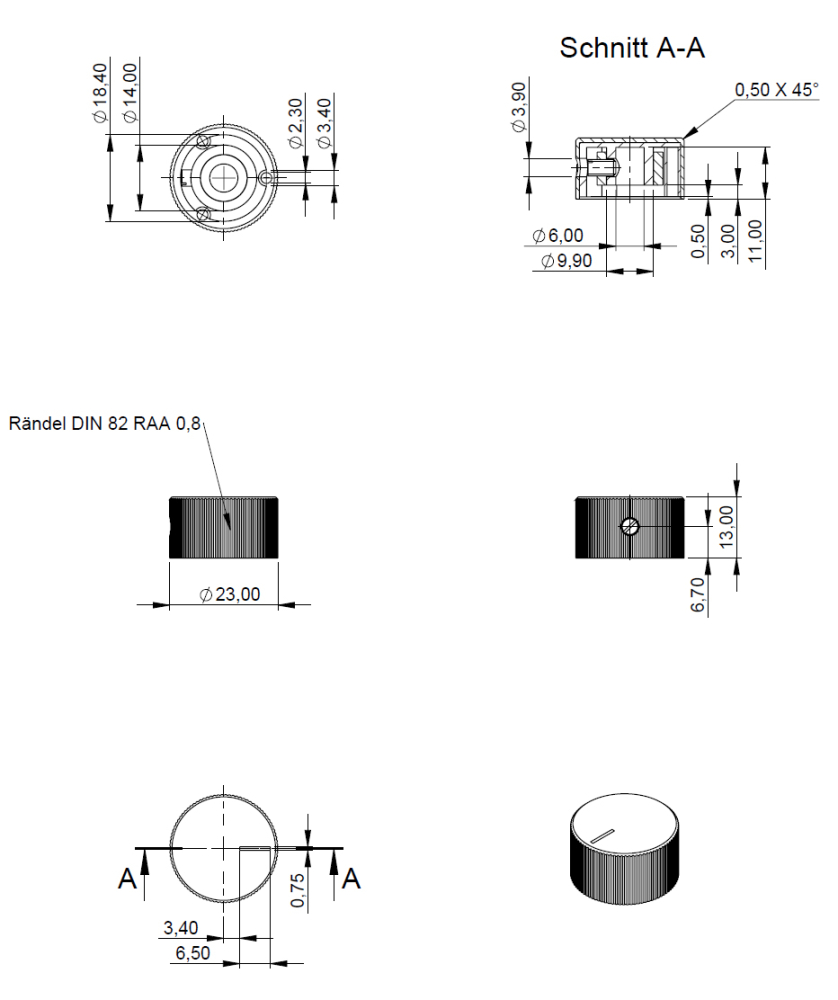 Drehknopf 23x13mm Aluminium/Kunststoff mit 6mm Achsaufnahme