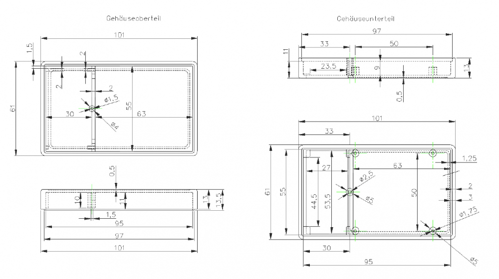 Kunststoff Gehäuse G01B mit Batteriefach schwarz 101 x 60 x 26 mm Kemo