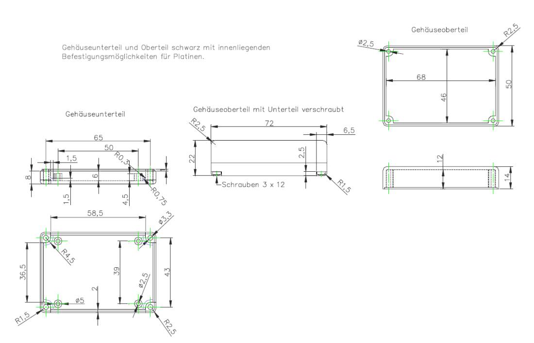 Kunststoff Gehäuse schwarz G025N 72 x 50 x 21 mm Kemo