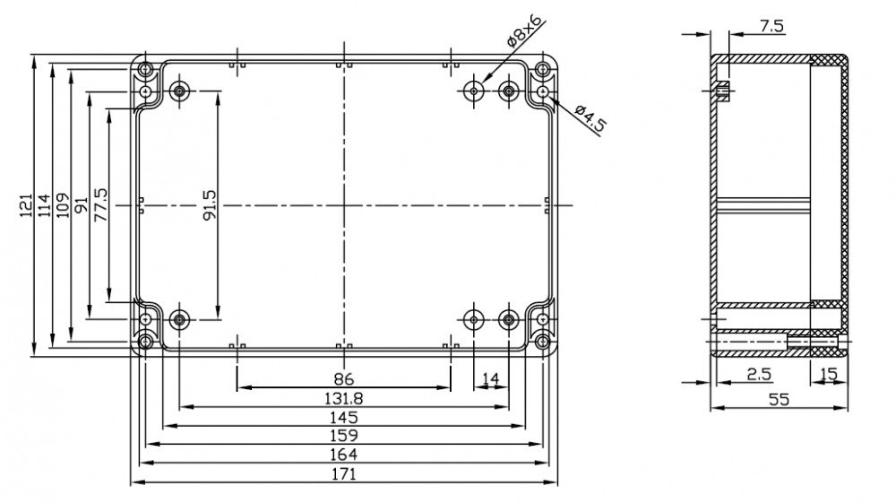 Kunststoff Gehäuse grau G313 IP65 171 x 121 x 55mm