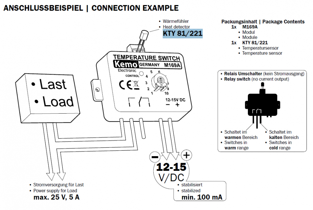 Thermoschalter Temperaturschalter Thermostat 12V= Temperatur Sensor M169 Kemo