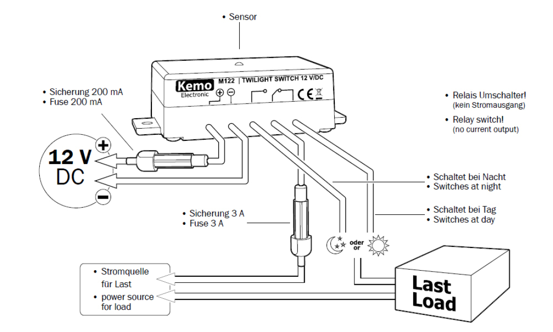 Dämmerungsschalter 12V DC mit Wechselkontakt M122 Kemo