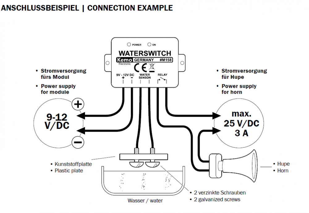 Wassermelder Wasseralarm Wasserfühler 12V DC max 3A M158 Kemo