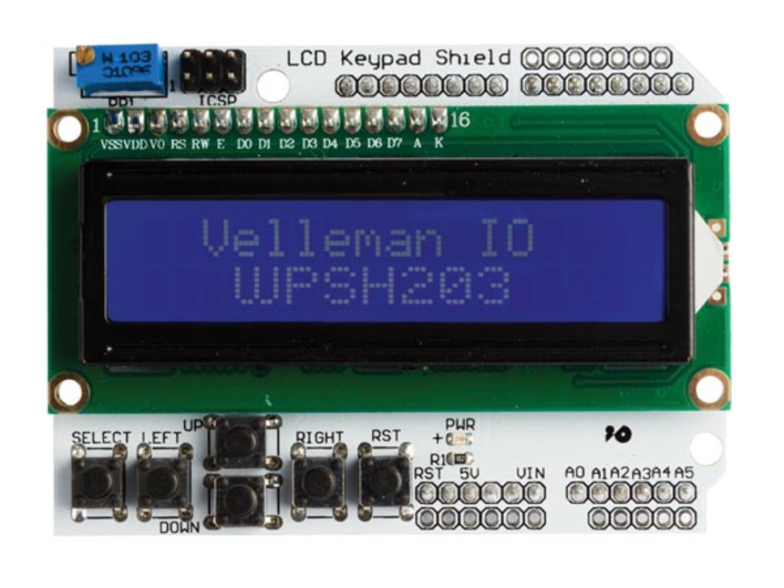 LCD-Shield und Tastatur für Arduino® mit Hintergrund Kontrasteinstellung Reset- und Navigationsknöpfe WHADDA WPSH203