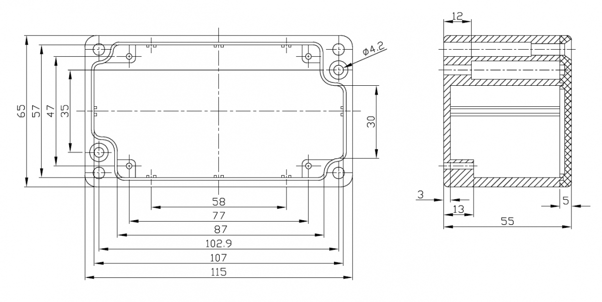 Gehäuse Alu IP65 G111 IP65 hohe Schirmdämpfung 115 x 65 x 55mm